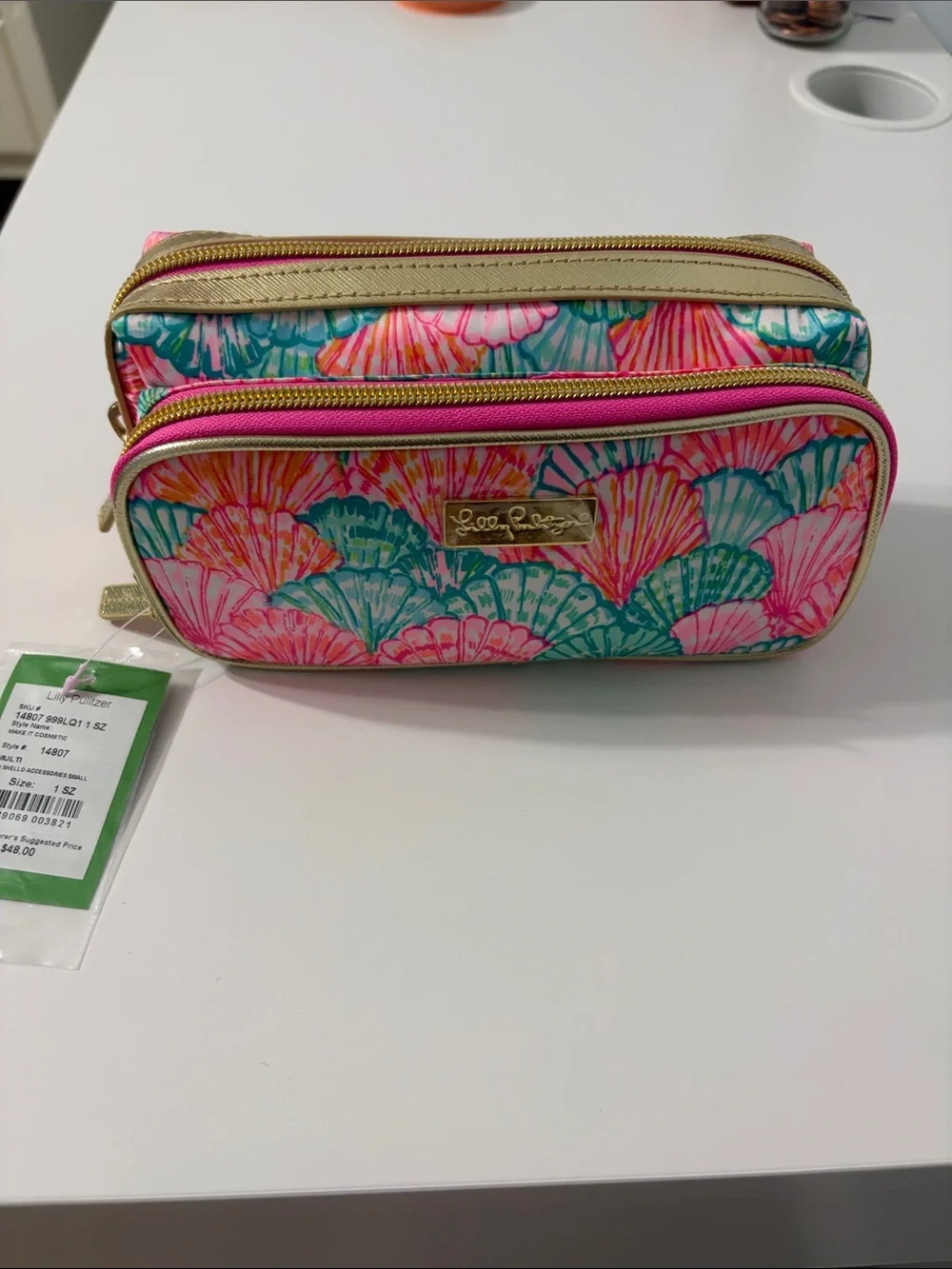 Lilly Pulitzer Pink Teal Shell Double-Zip Cosmetic Case